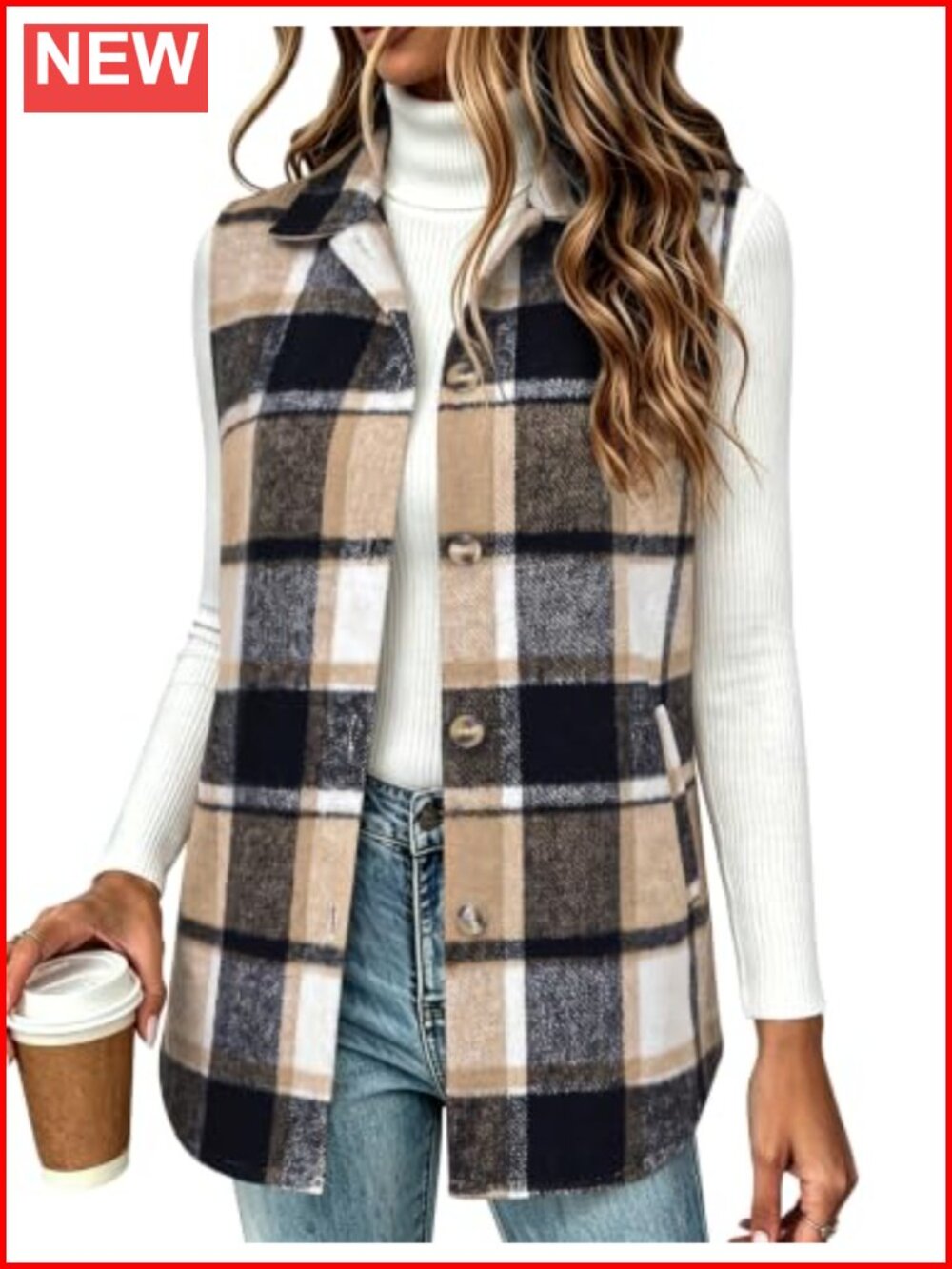 Plaid Sleeveless Button Down Vest with Lapel Collar and Pockets
